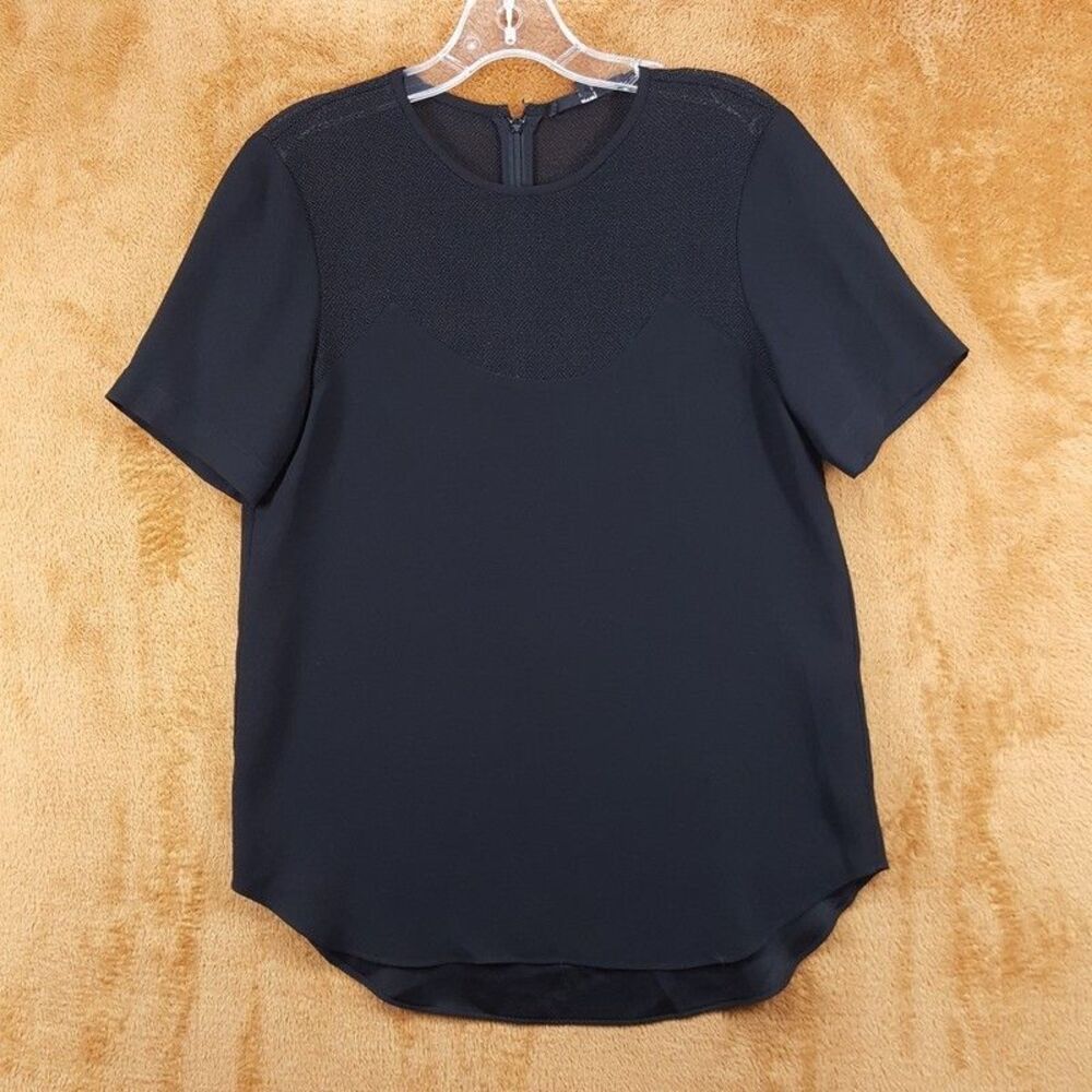 TIBI Top Womens Size 4 Black Mesh Yoke Short Sleeve Chiffon Blouse
